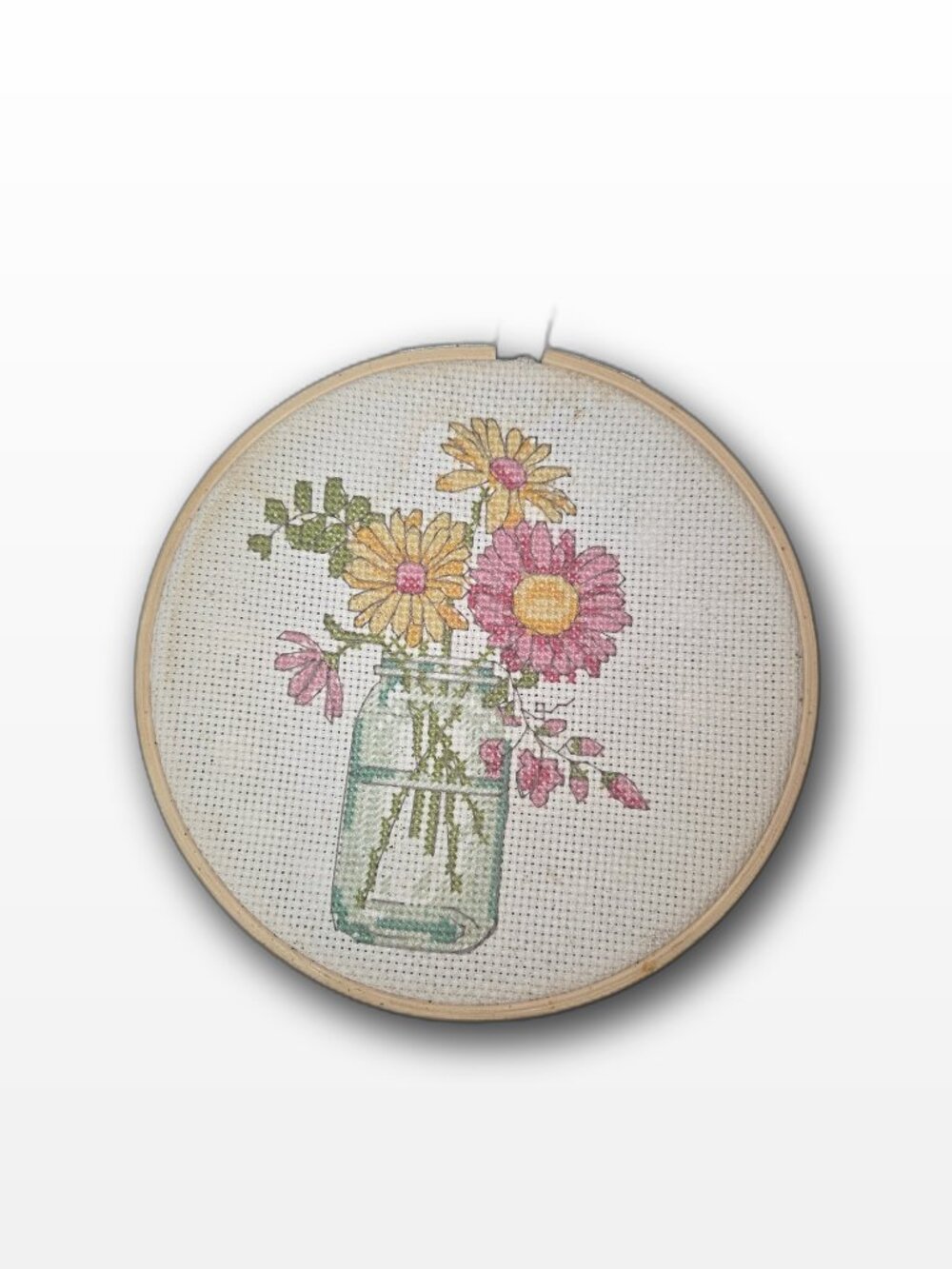 Handmade Cross Stitch Daisy Mason Jar Floral Hoop Art 6 Inch